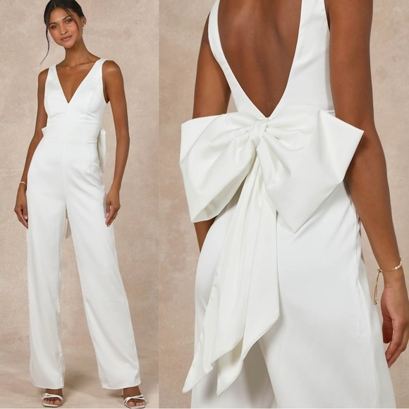 Lulus Pants - Size XL - Lulus Angelic Aesthetic Ivory Satin Bow Back Sleeveless Jumpsuit